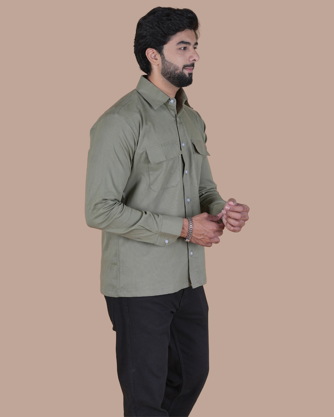 Olive Grey Corduroy Semi-Casual Shirt