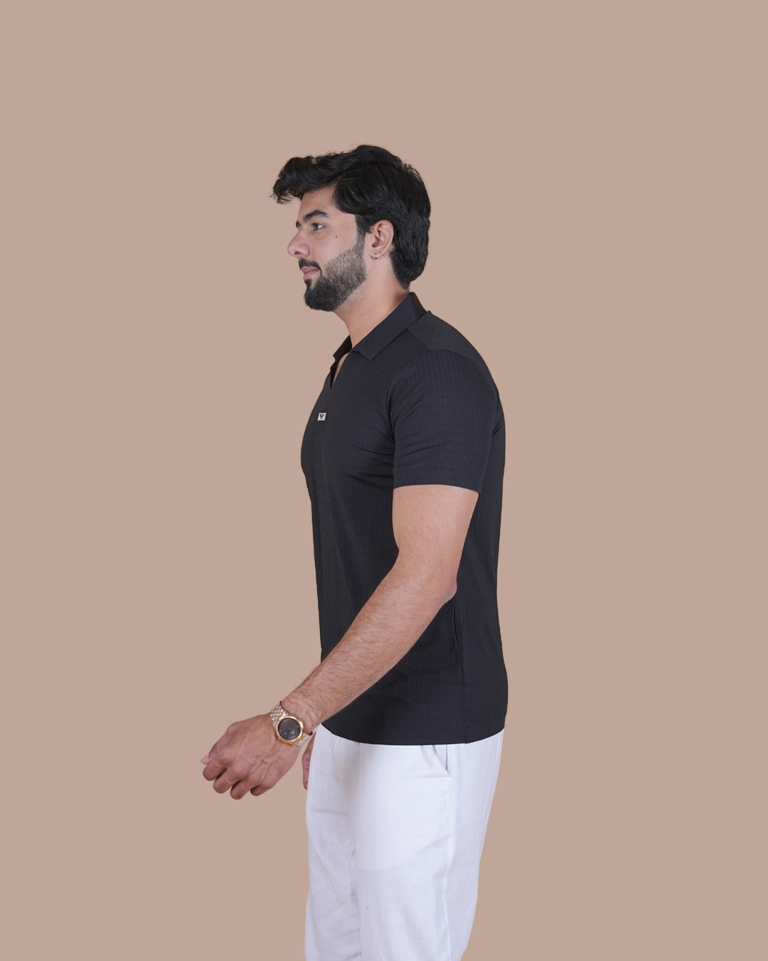 Black Seamless V-Neck Polo T-Shirt