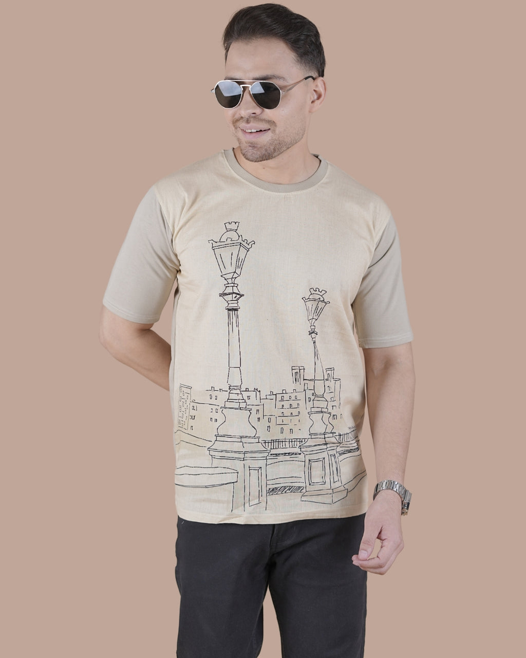 Sand Beige Linen Graphic Casual T-Shirt