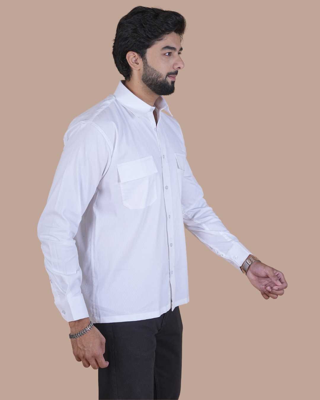 White Corduroy Double Pocket Semi-Casual Shirt