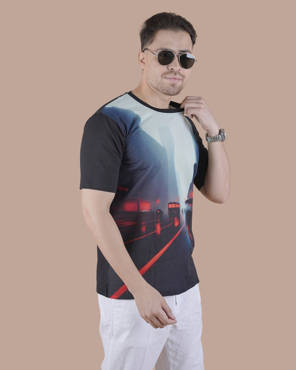 Midnight Noir Linen Graphic Casual T-Shirt
