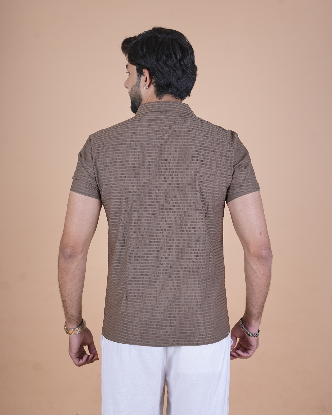 Mocha Brown Textured Stitchless Cuban Collar Shirt