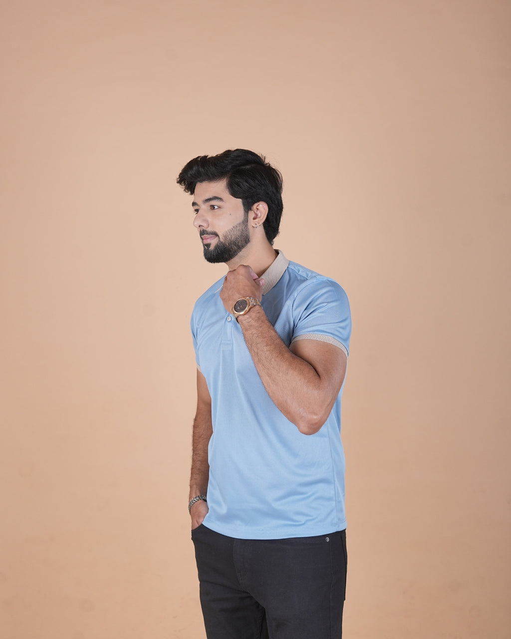 Sky Blue Contrast Collar Polo T-Shirt