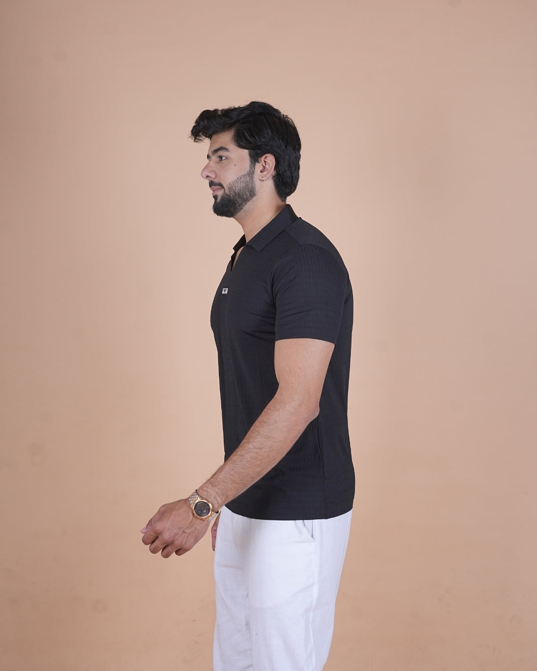 Black Seamless V-Neck Polo T-Shirt