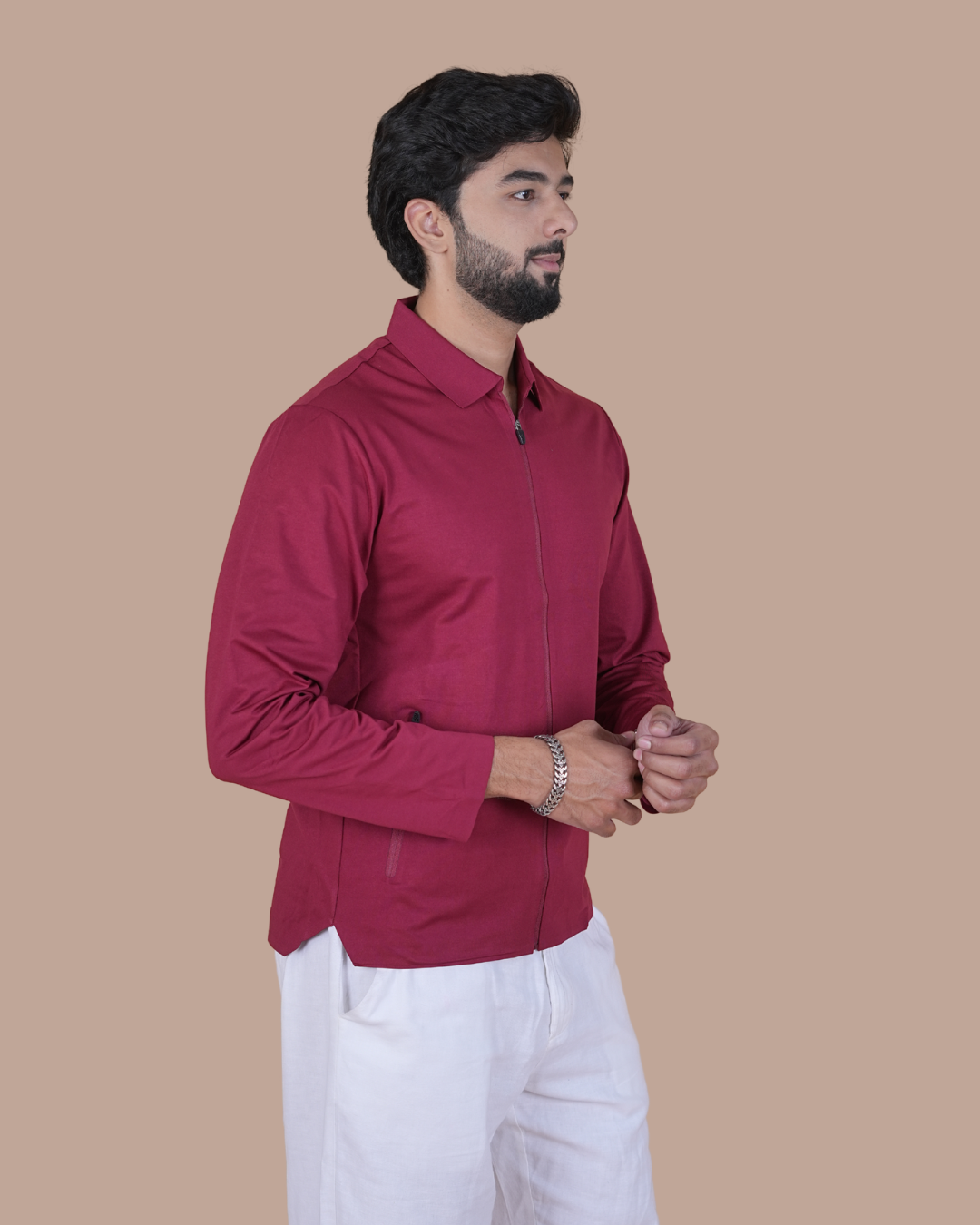 maroon Double Pocket Full-Sleeve Zipper Jacket