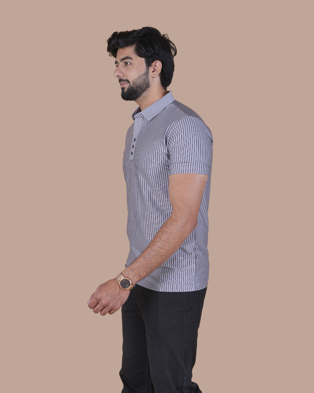 gray Classic Stripe Half-Sleeve Polo T-Shirt