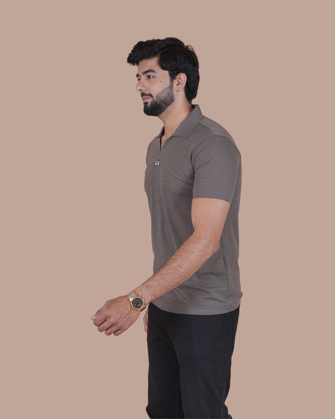 Taupe Brown Seamless V-Neck Polo T-Shirt