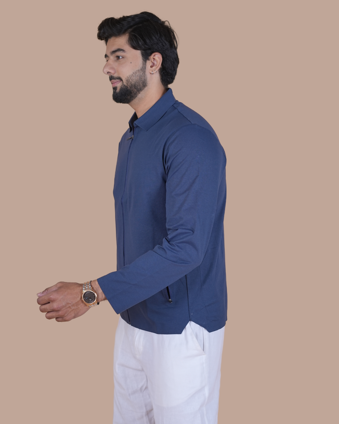 blue Double Pocket Full-Sleeve Zipper Jacket