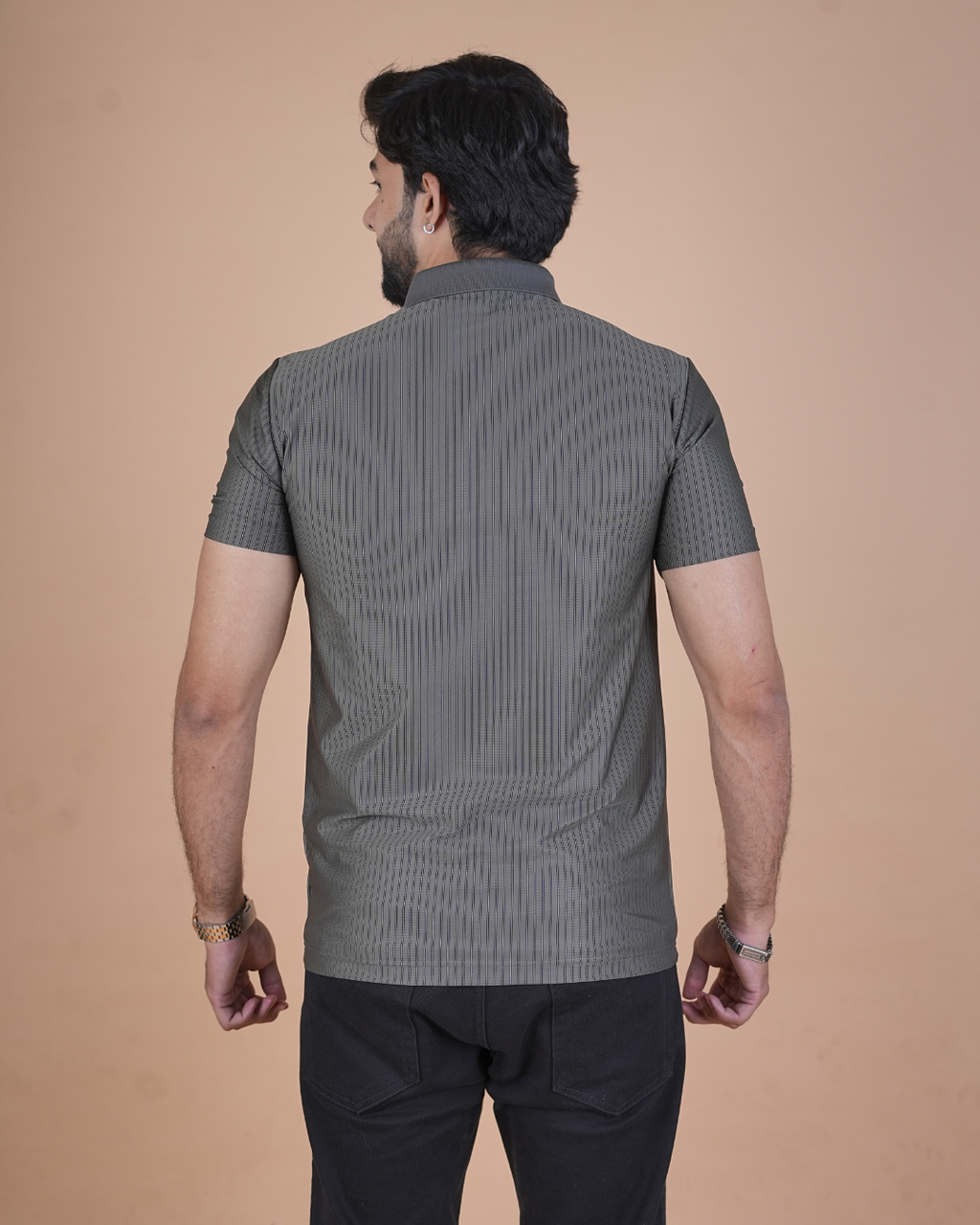charcoal gray Classic Stripe Half-Sleeve Polo T-Shirt