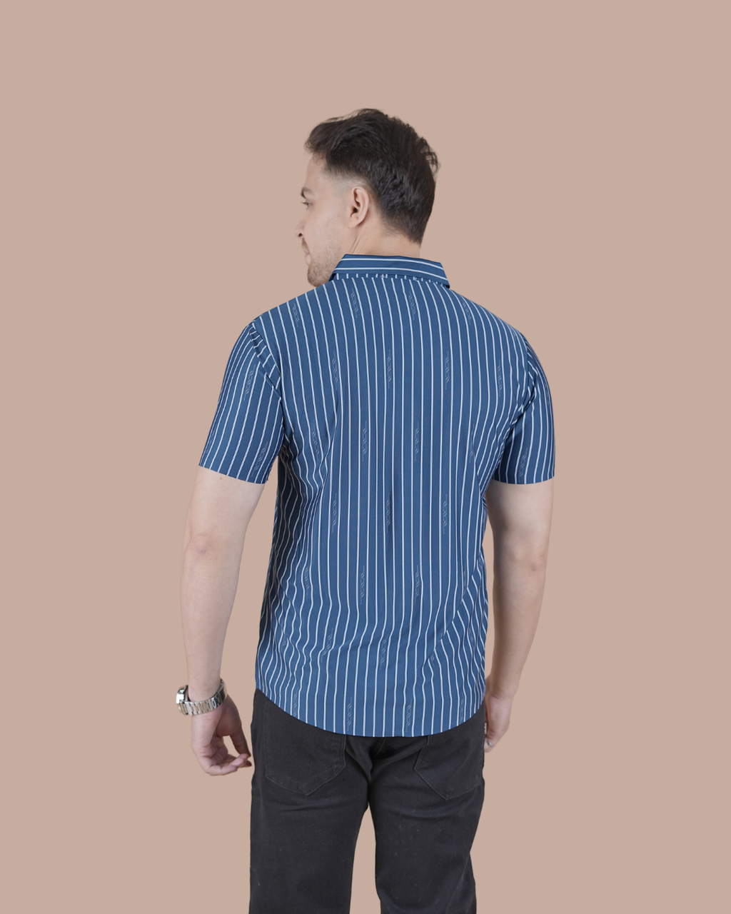 Royal Blue Striped Stitchless Half Sleeve Shirt