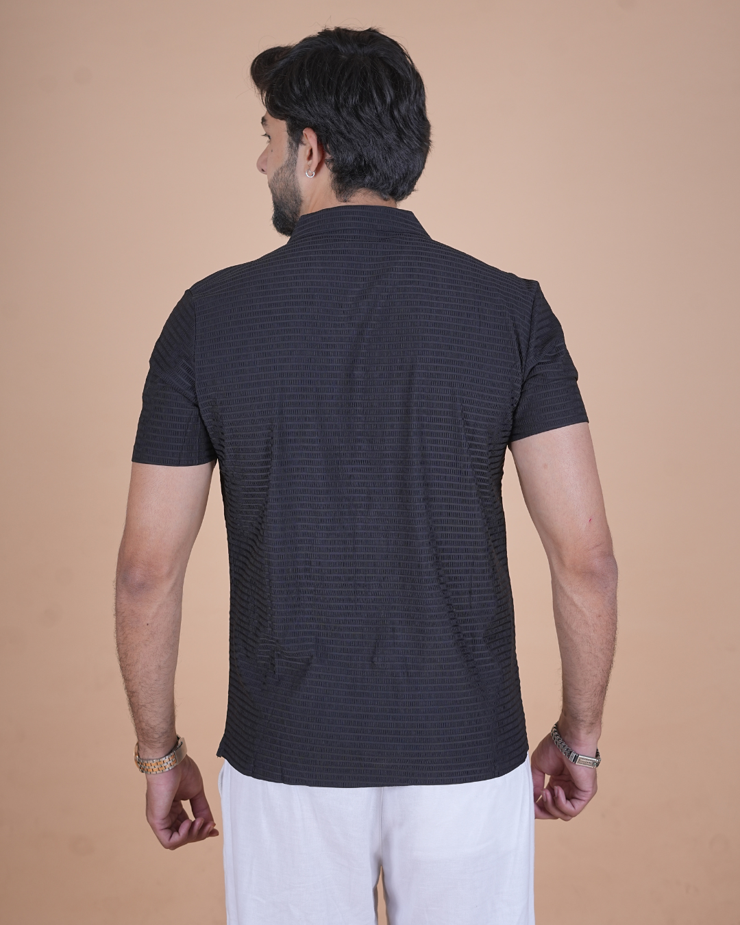 Black Textured Stitchless Cuban Collar Shirt  Description: