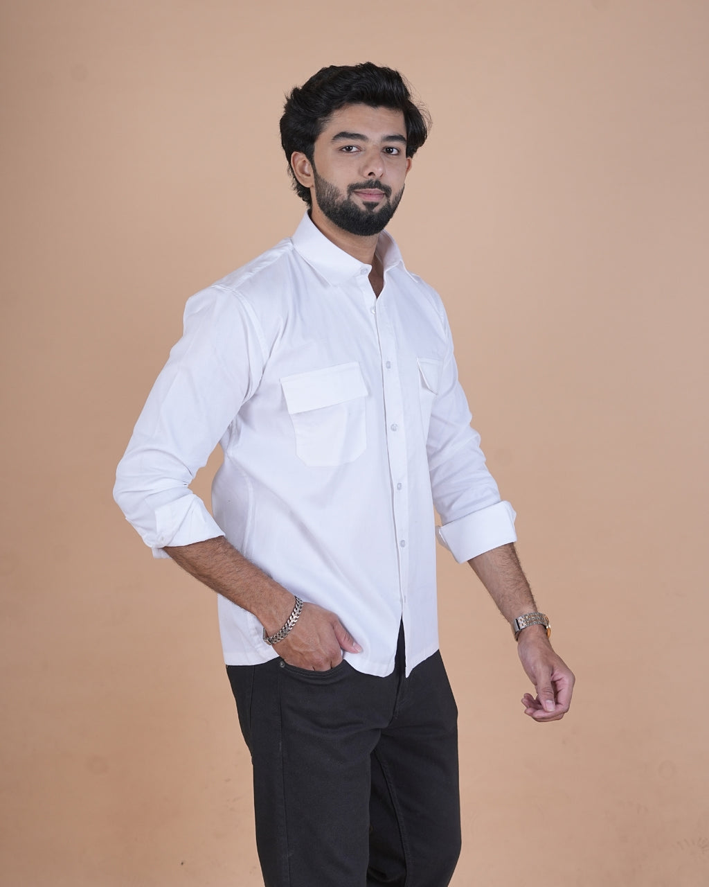 White Corduroy Double Pocket Semi-Casual Shirt