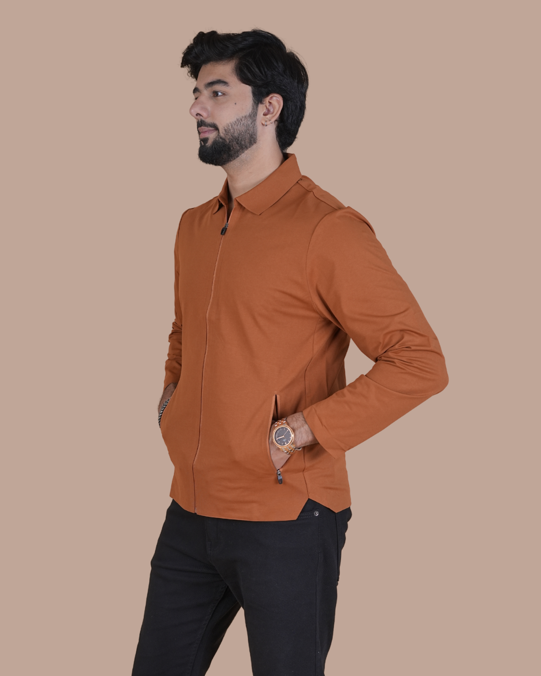 orange Double Pocket Full-Sleeve Zipper Jacket