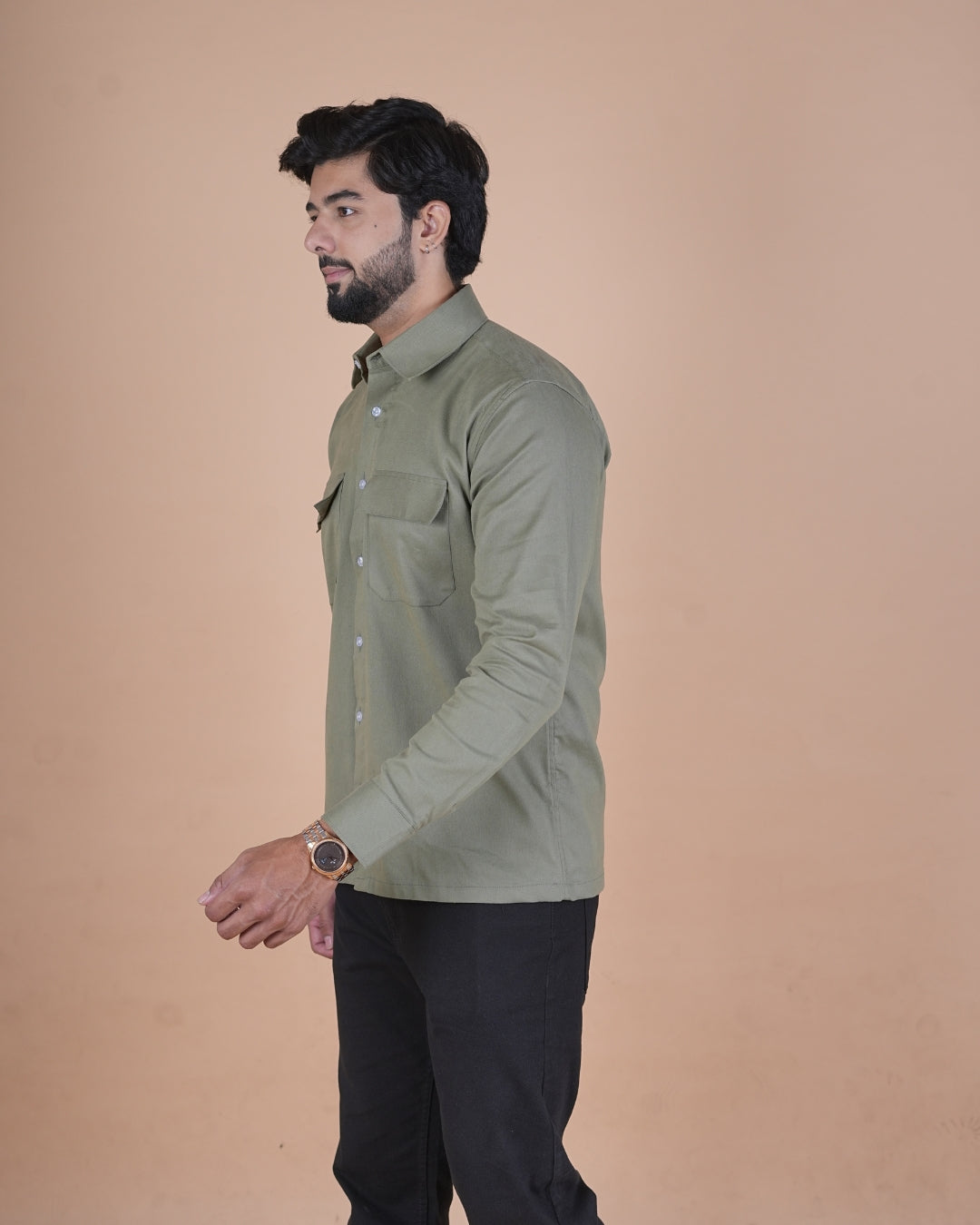 Olive Grey Corduroy Semi-Casual Shirt