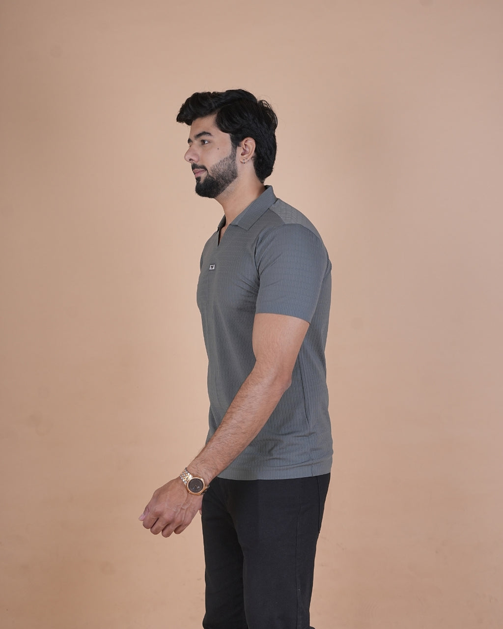 Smoke Grey Seamless V-Neck Polo T-Shirt