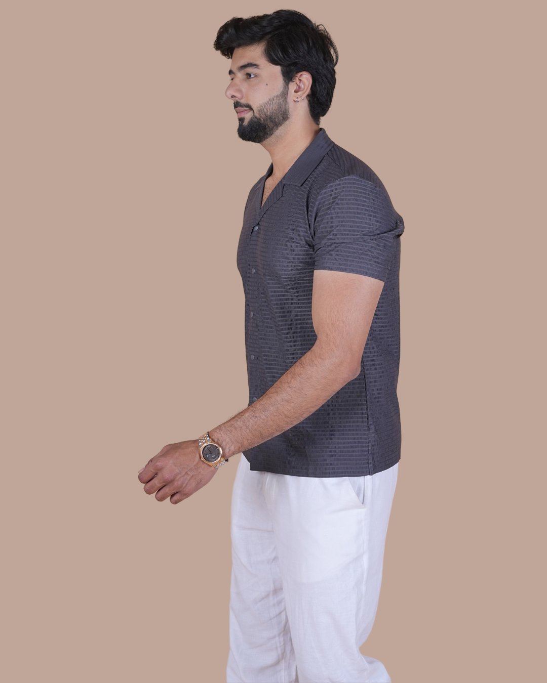 Grey Textured Stitchless Cuban Collar Shirt