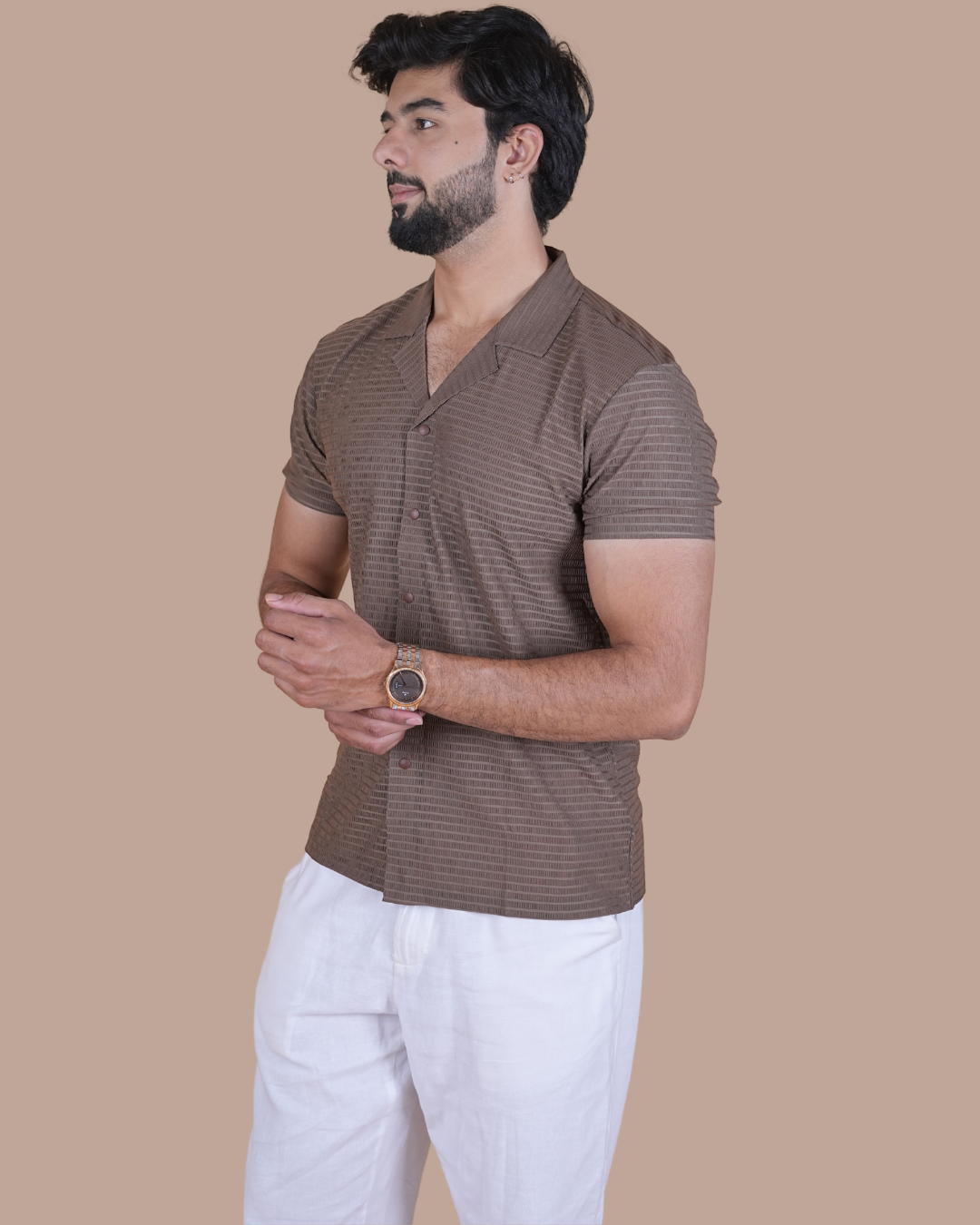 Mocha Brown Textured Stitchless Cuban Collar Shirt