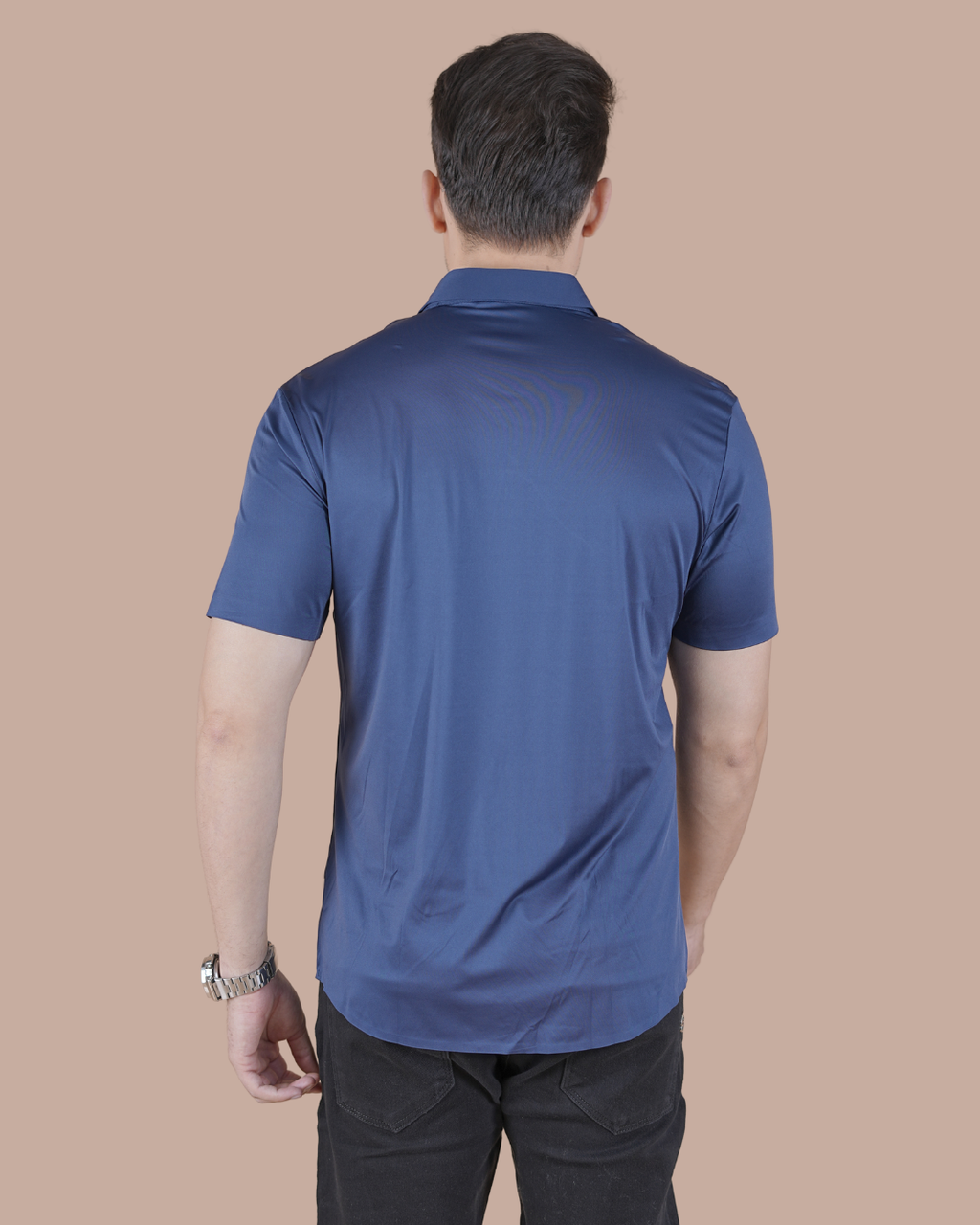 Dark Blue Solid Self-Shine Formal Half Sleeve Shirt