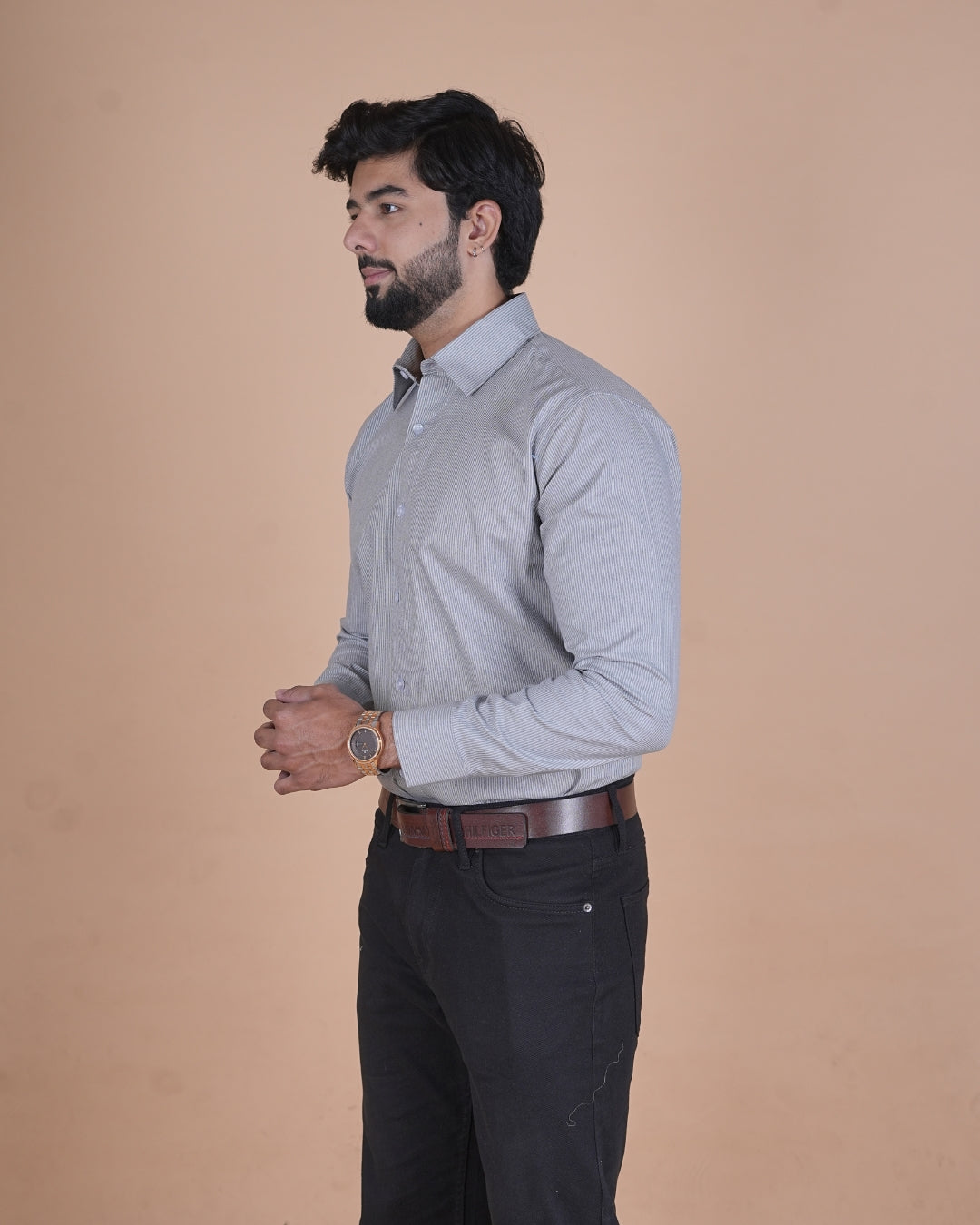 Silver Grey Micro Check Formal Shirt