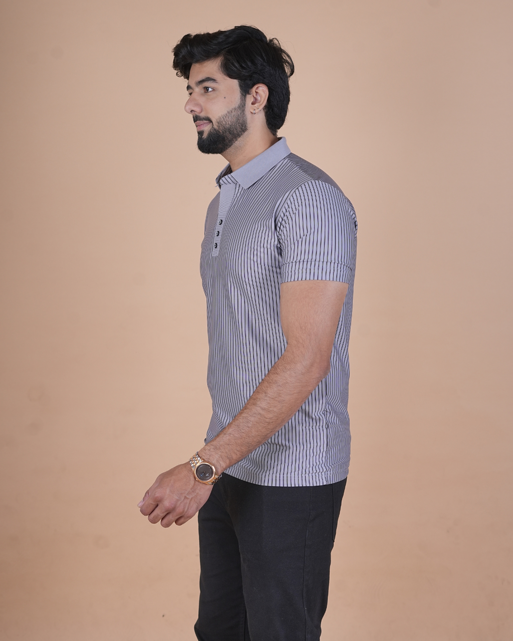 gray Classic Stripe Half-Sleeve Polo T-Shirt