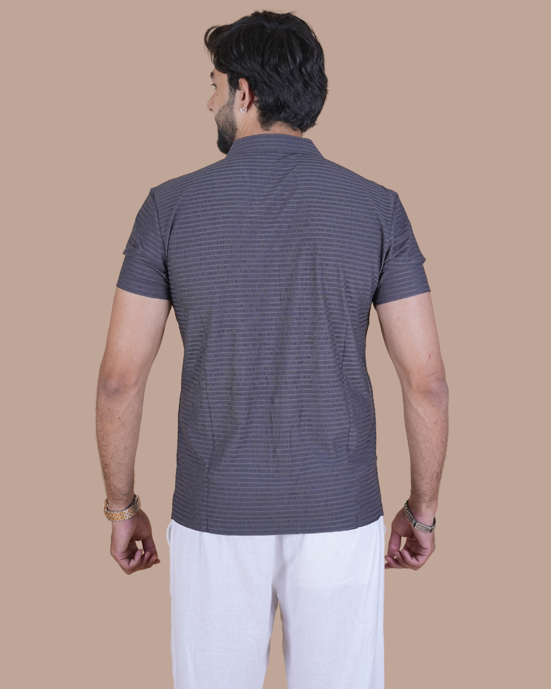 Grey Textured Stitchless Cuban Collar Shirt