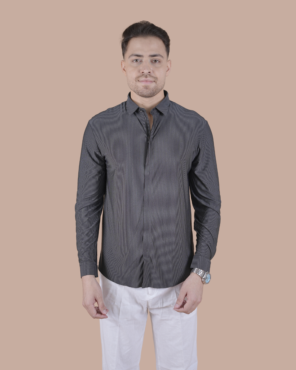 Charcoal Grey Imported Zipper Sacket Shirt