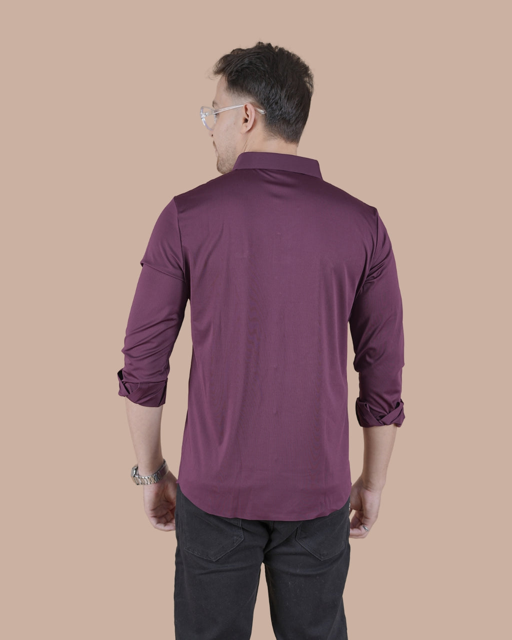 Wine Purple Full Sleeves Self Stripe Stitchless Formal Shirt