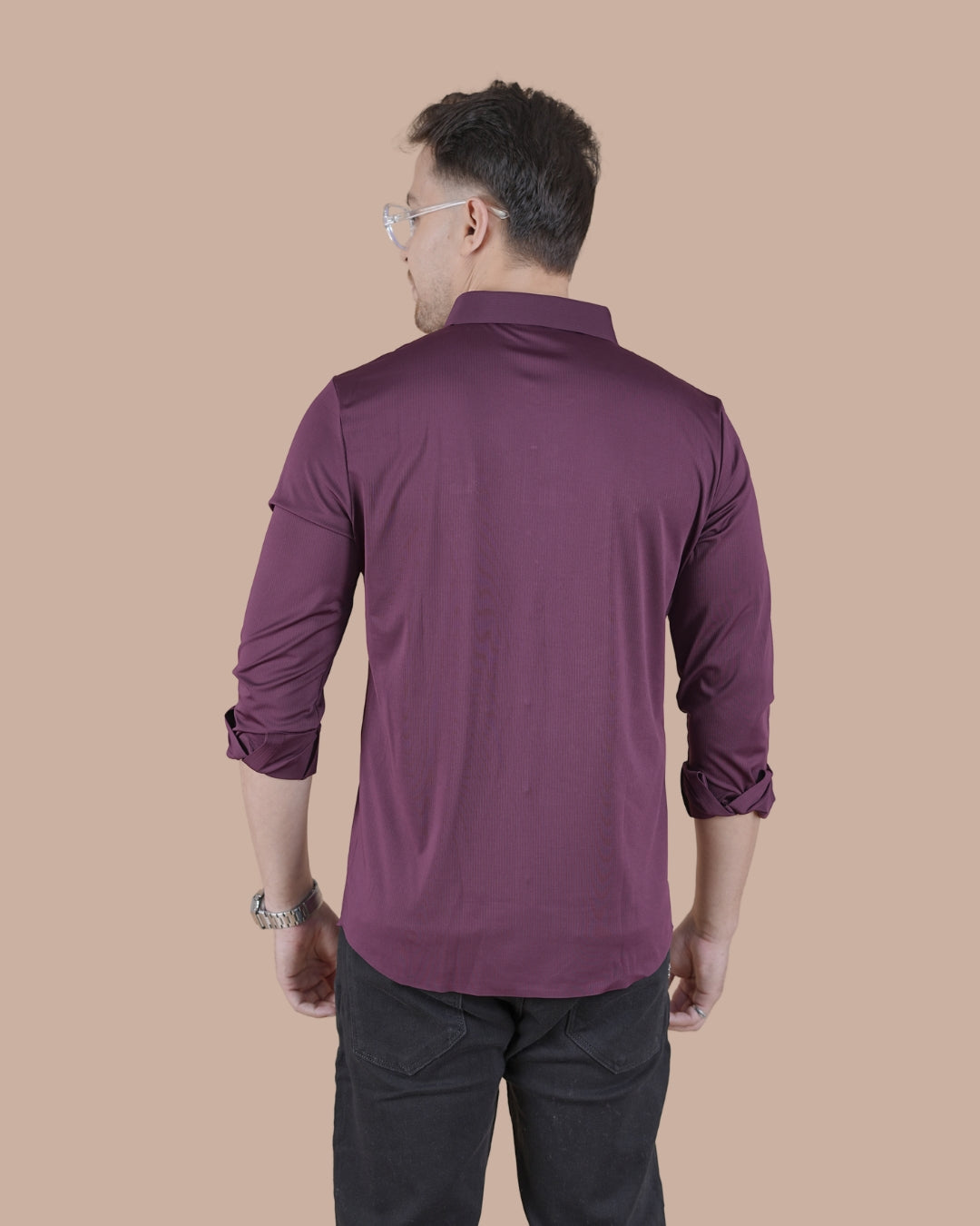 Wine Purple Full Sleeves Self Stripe Stitchless Formal Shirt