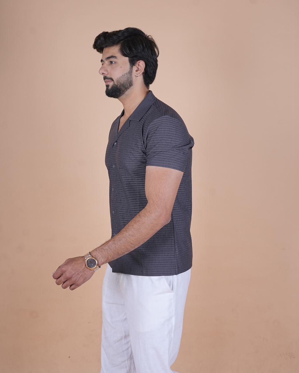 Grey Textured Stitchless Cuban Collar Shirt