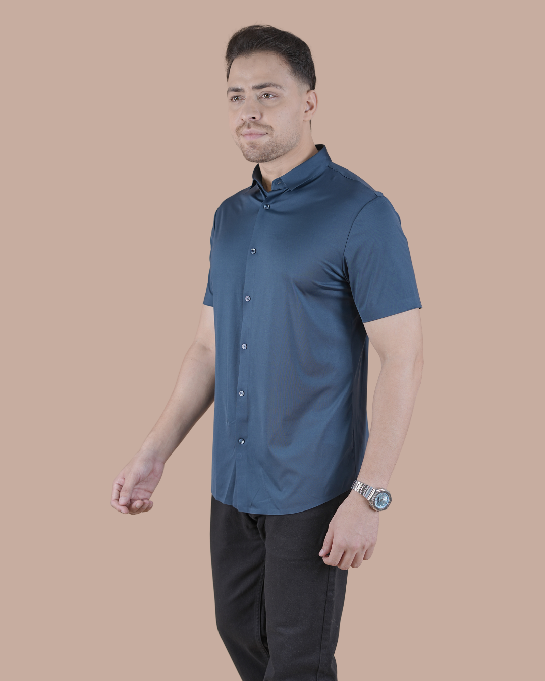 Navy Solid Self-Shine Formal Half Sleeve Shirt
