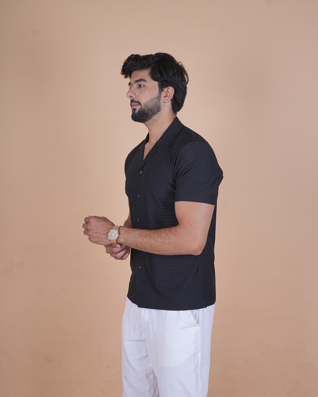 Black Textured Stitchless Cuban Collar Shirt  Description: