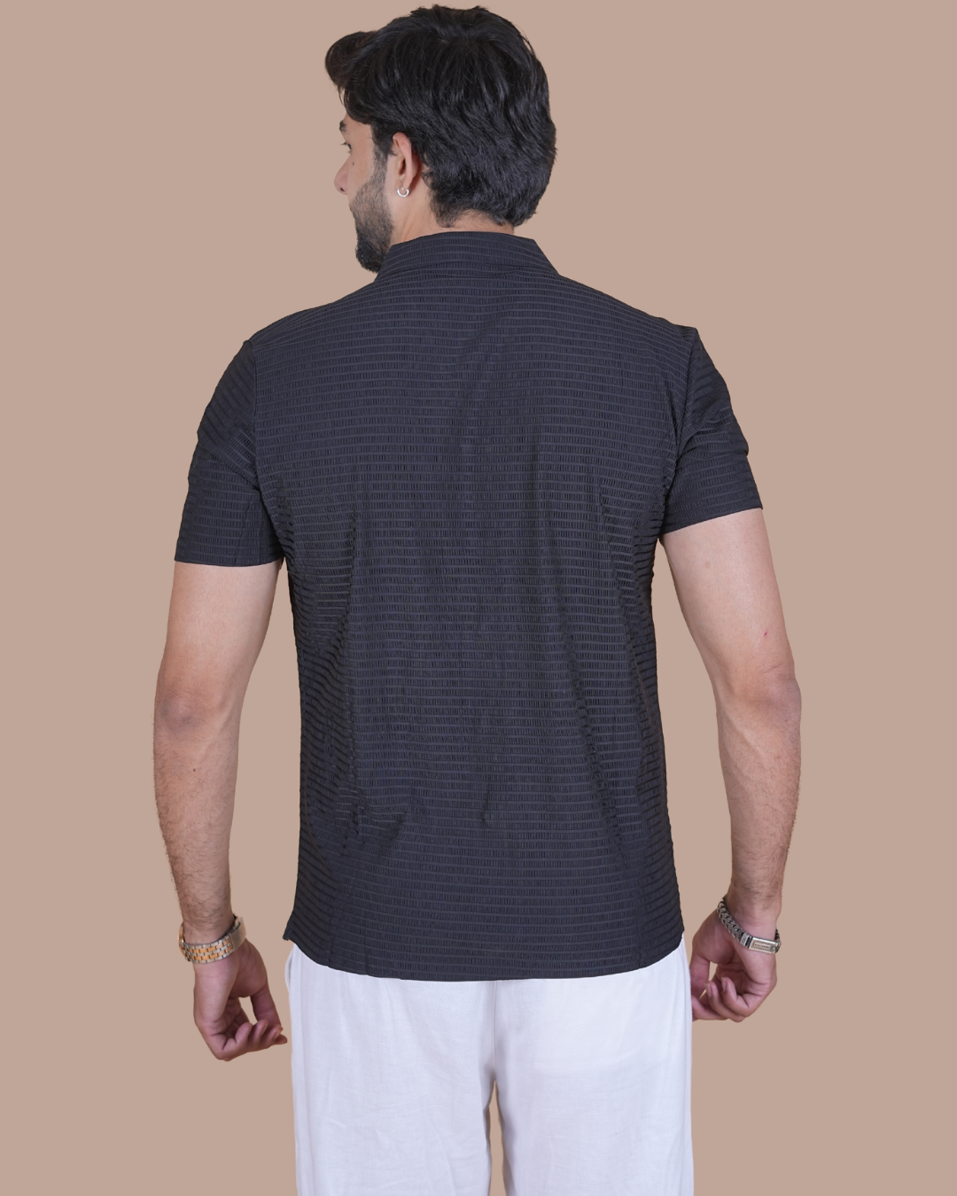 Black Textured Stitchless Cuban Collar Shirt  Description: