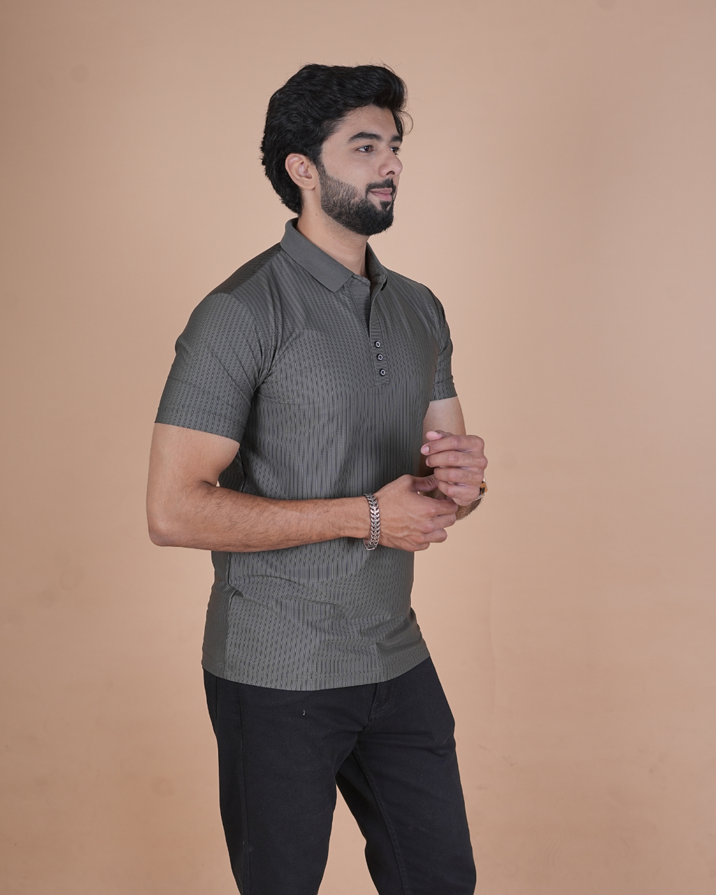 charcoal gray Classic Stripe Half-Sleeve Polo T-Shirt