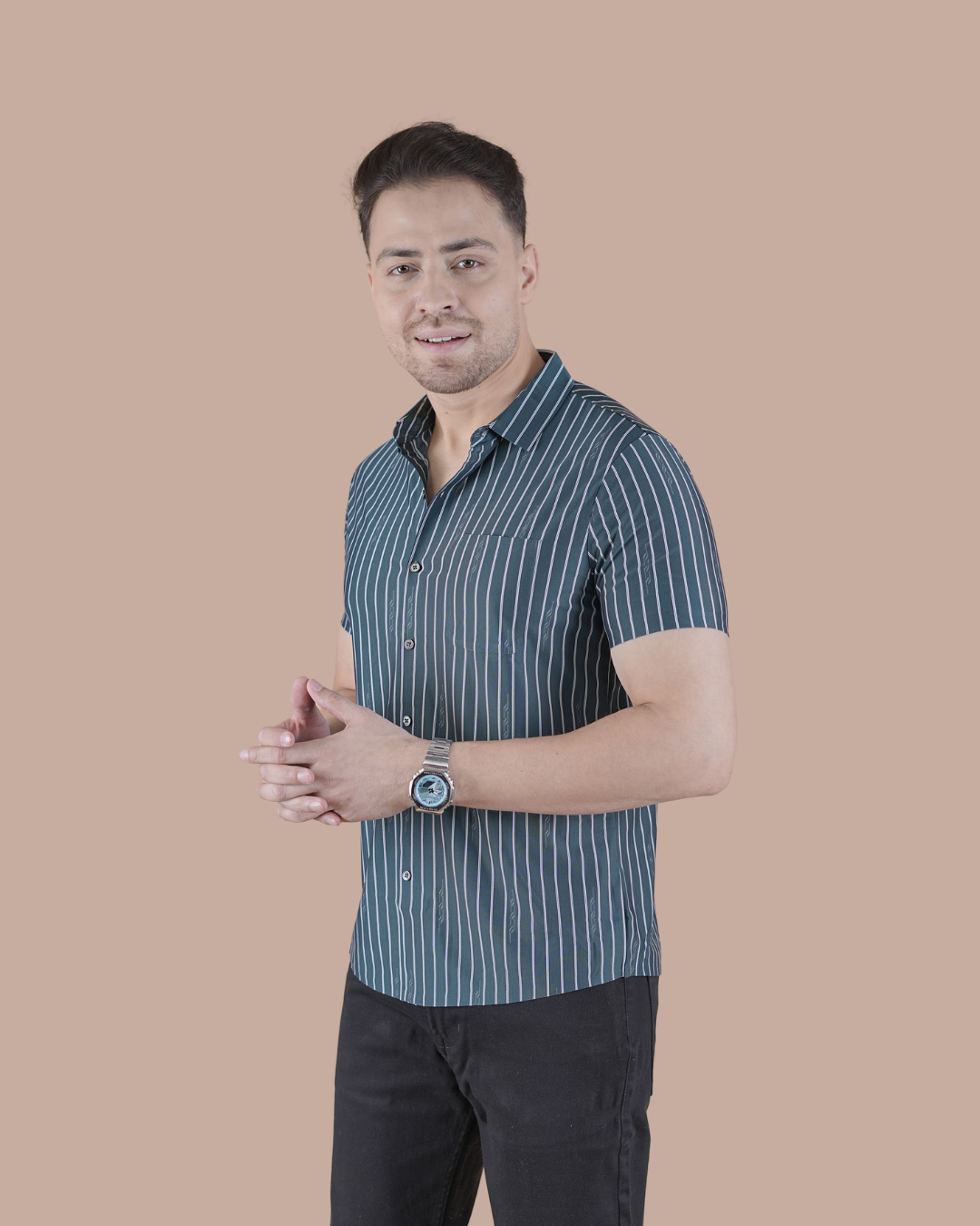 Slate Blue Striped Stitchless Half Sleeve Shirt