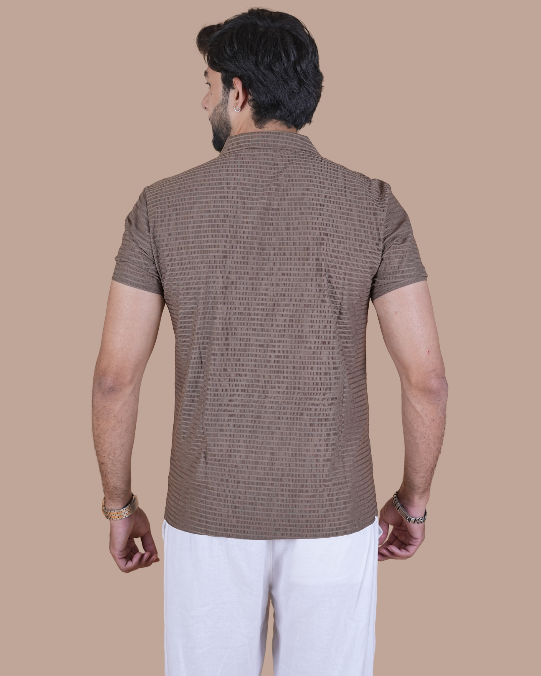 Mocha Brown Textured Stitchless Cuban Collar Shirt