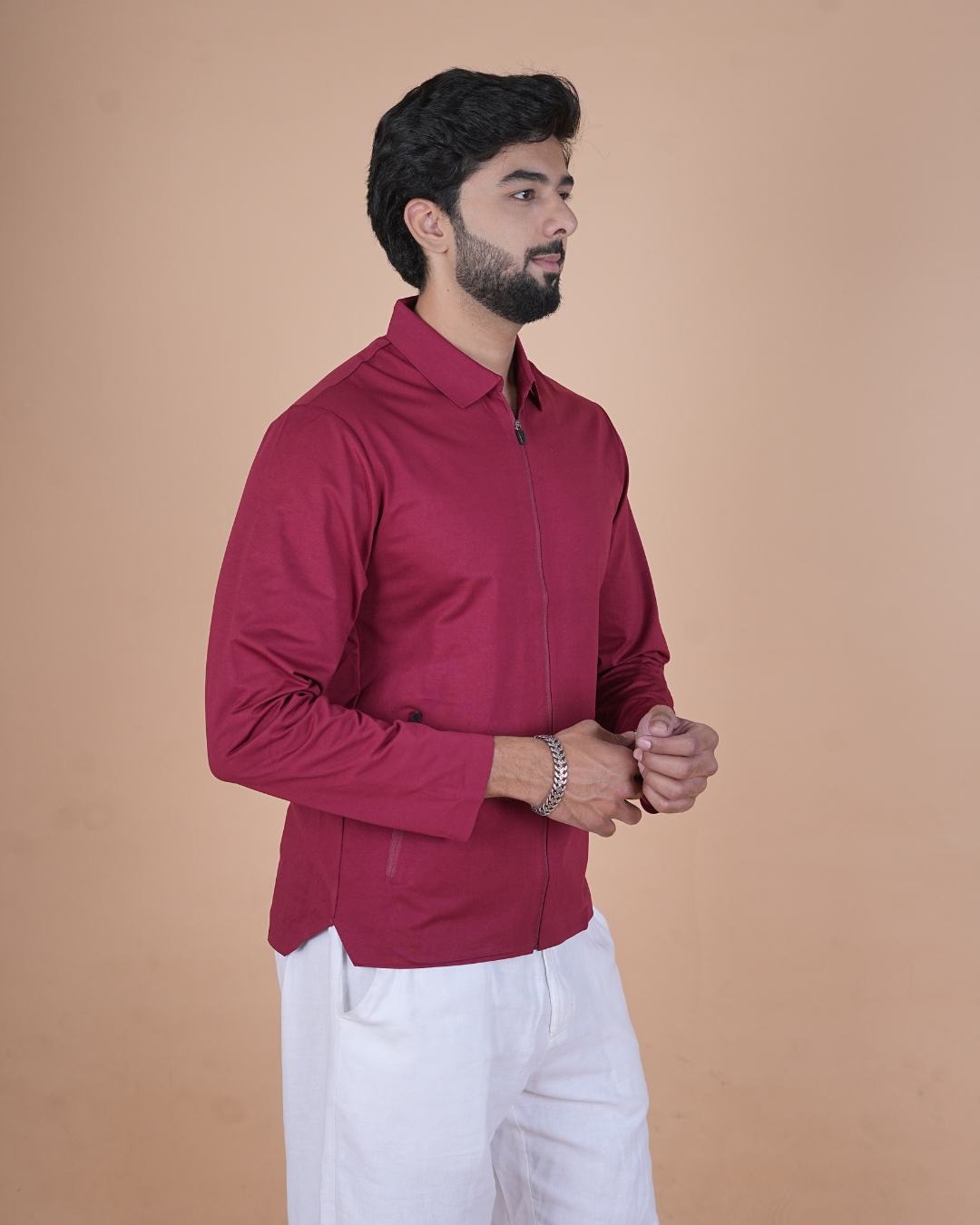 maroon Double Pocket Full-Sleeve Zipper Jacket