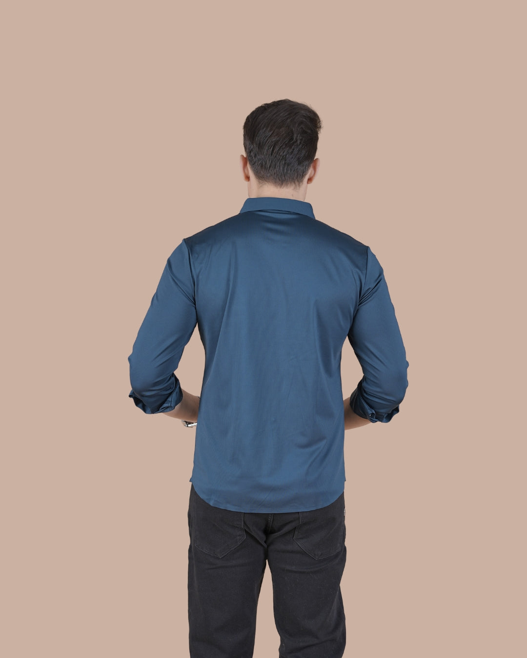 Blue Full Sleeves Self Stripe Stitchless Formal Shirt