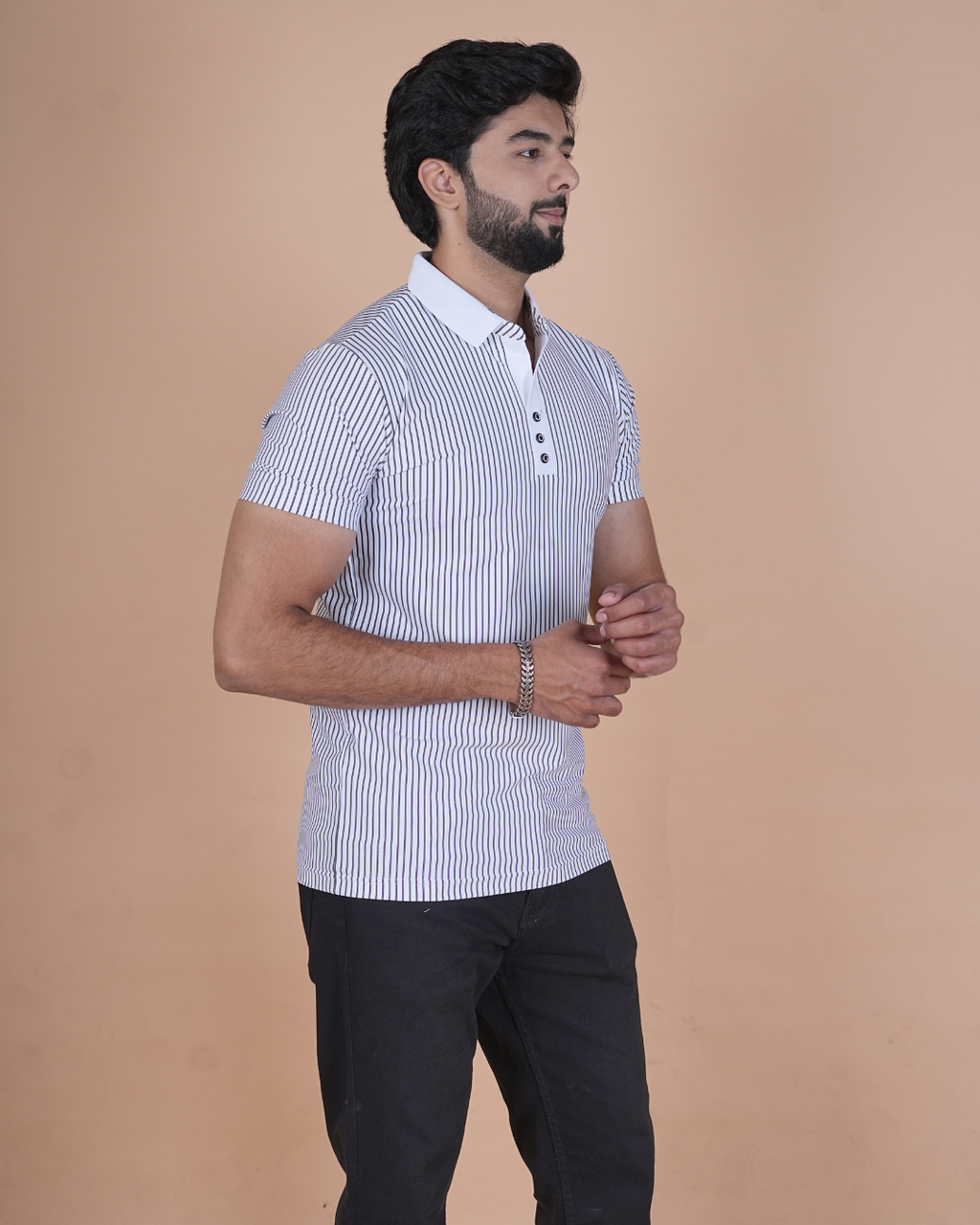 white Classic Stripe Half-Sleeve Polo T-Shirt