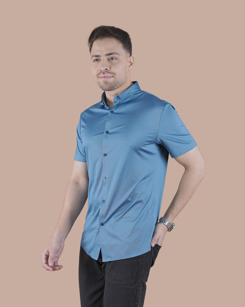 Blue Solid Self-Shine Formal Half Sleeve Shirt