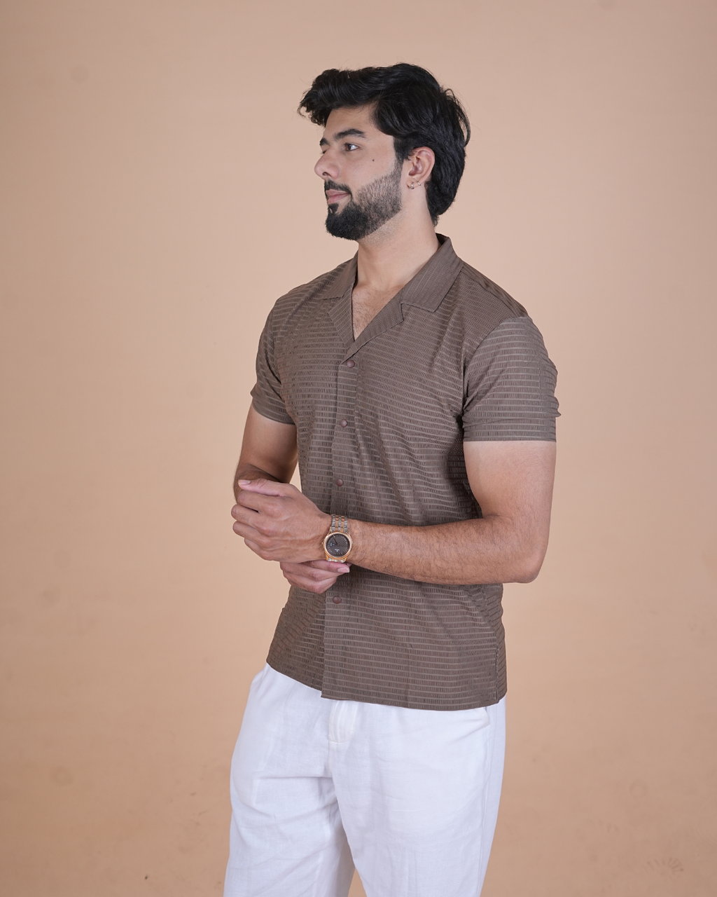 Mocha Brown Textured Stitchless Cuban Collar Shirt