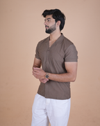 Mocha Brown Textured Stitchless Cuban Collar Shirt