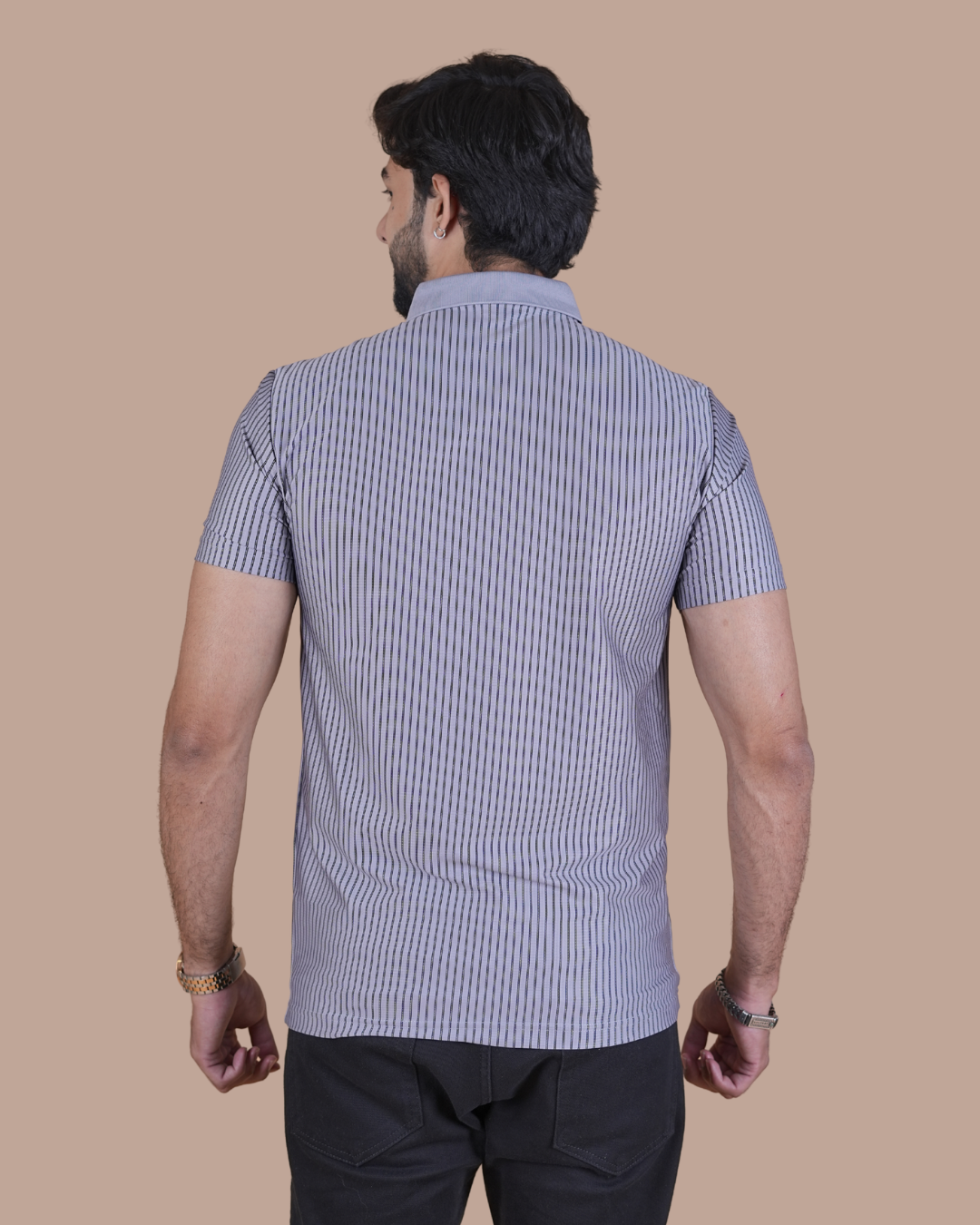 gray Classic Stripe Half-Sleeve Polo T-Shirt