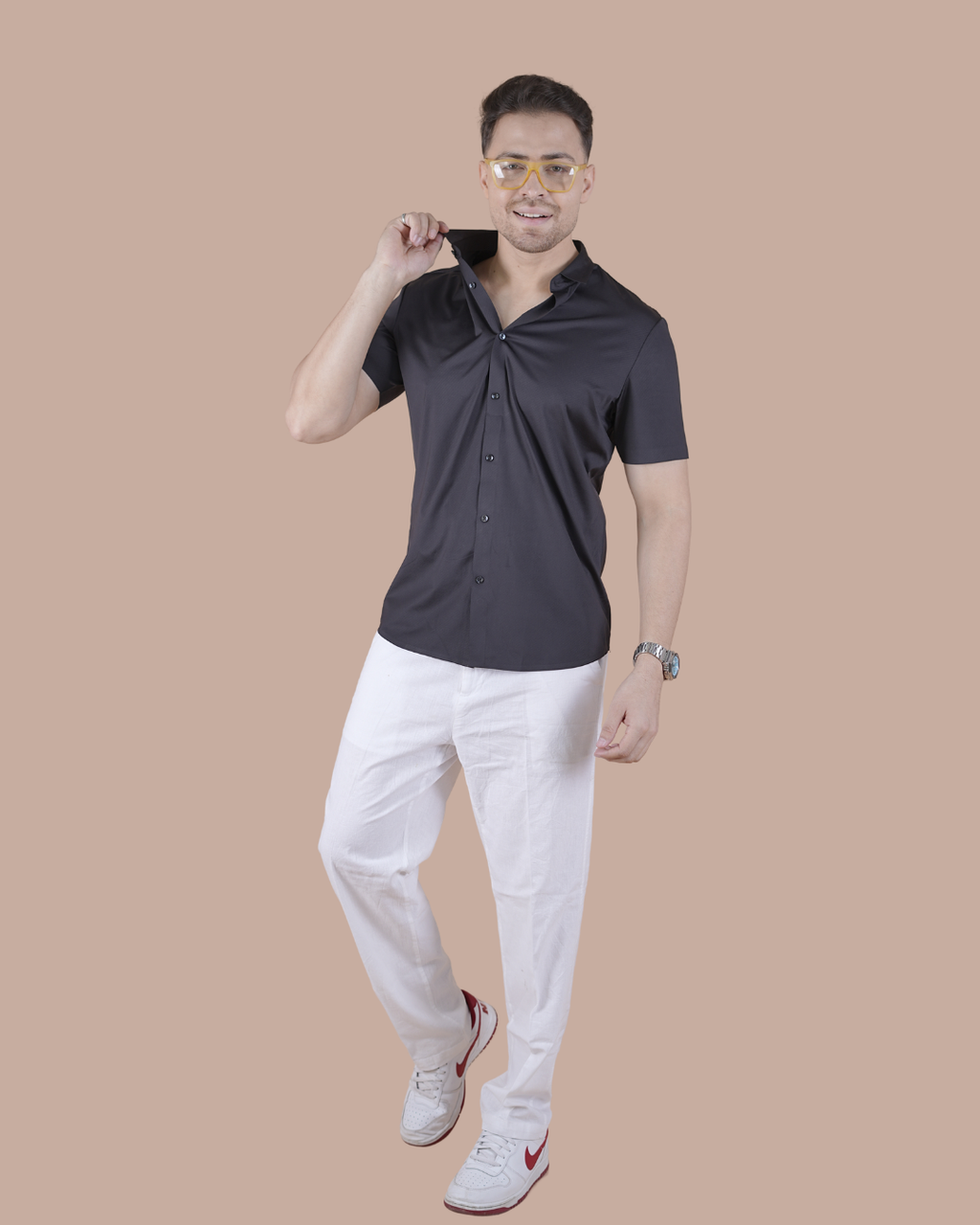 Black Solid Self-Shine Formal Half Sleeve Shirt