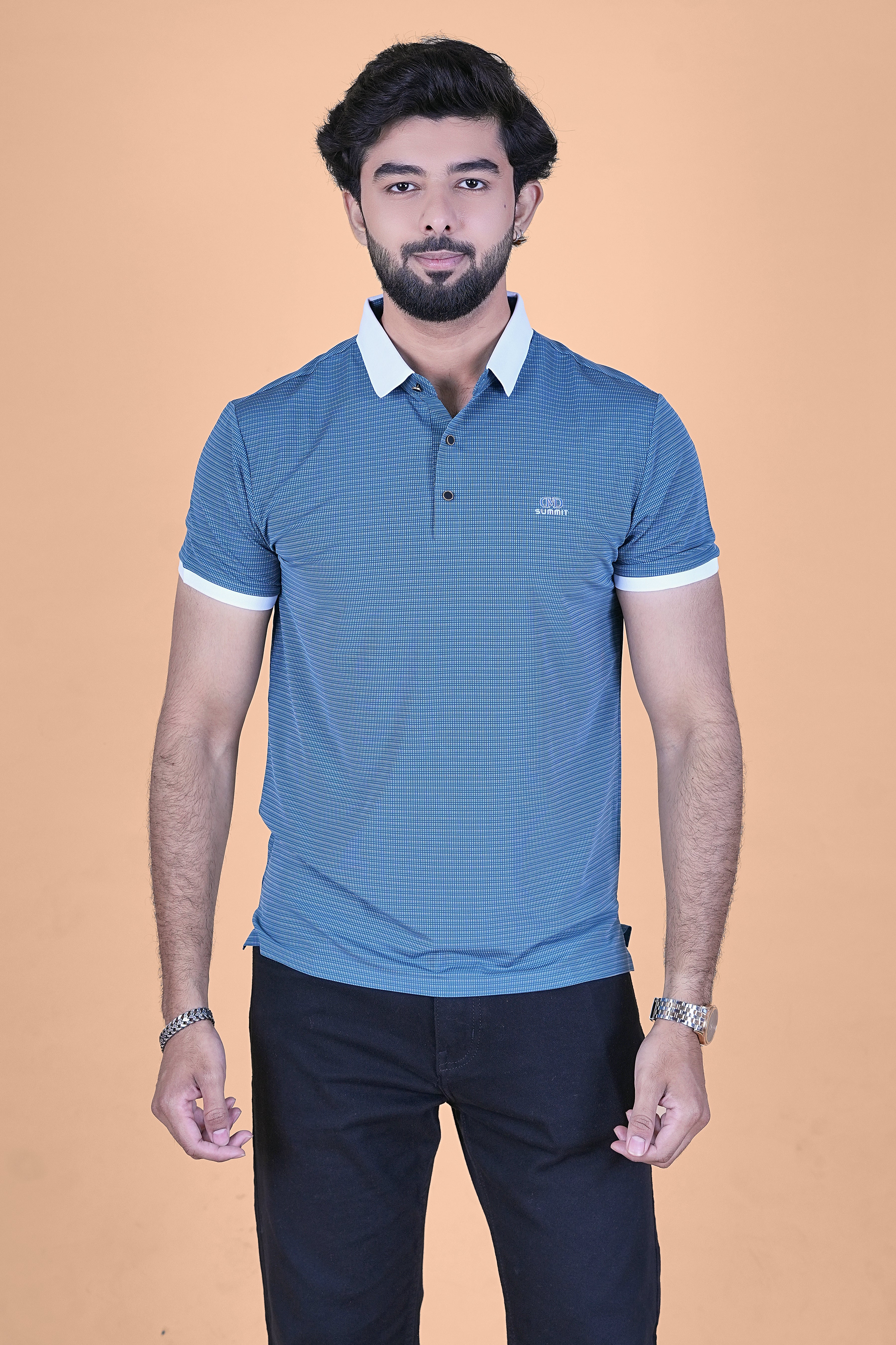 Men’s Performance Azure Textured Polo – Premium Stretchable