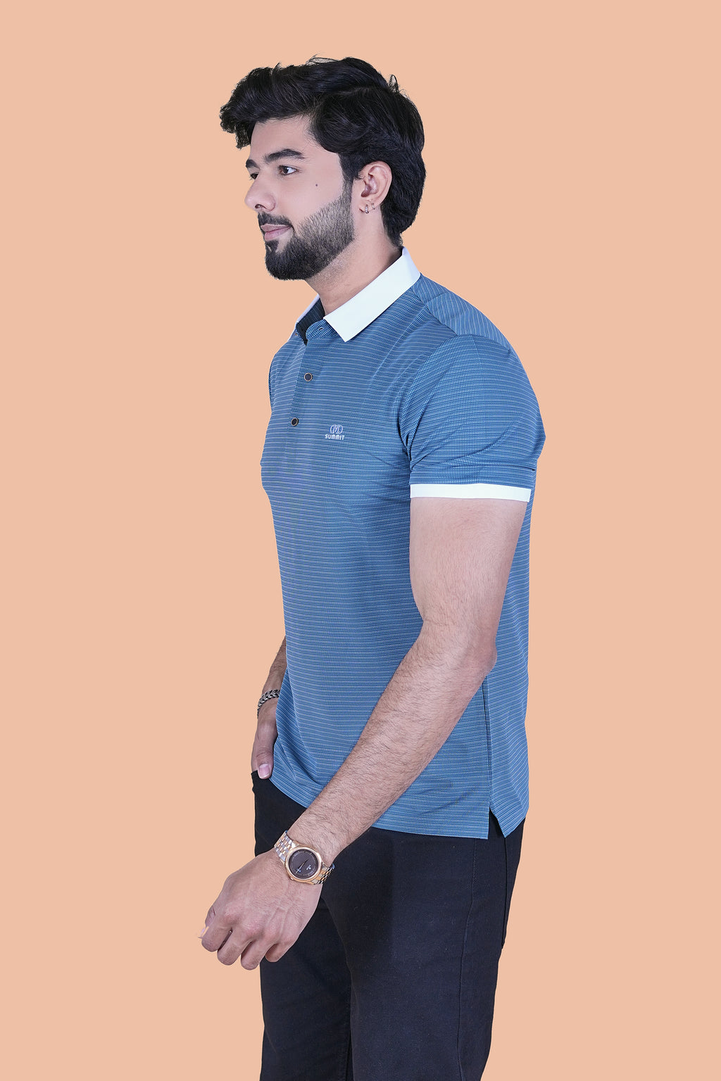 Men’s Performance Azure Textured Polo – Premium Stretchable