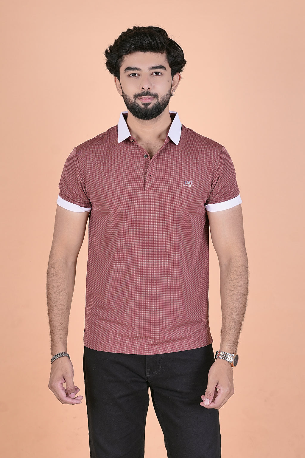 Men’s Elite Textured Crimson Polo – Premium 4-Way Stretch