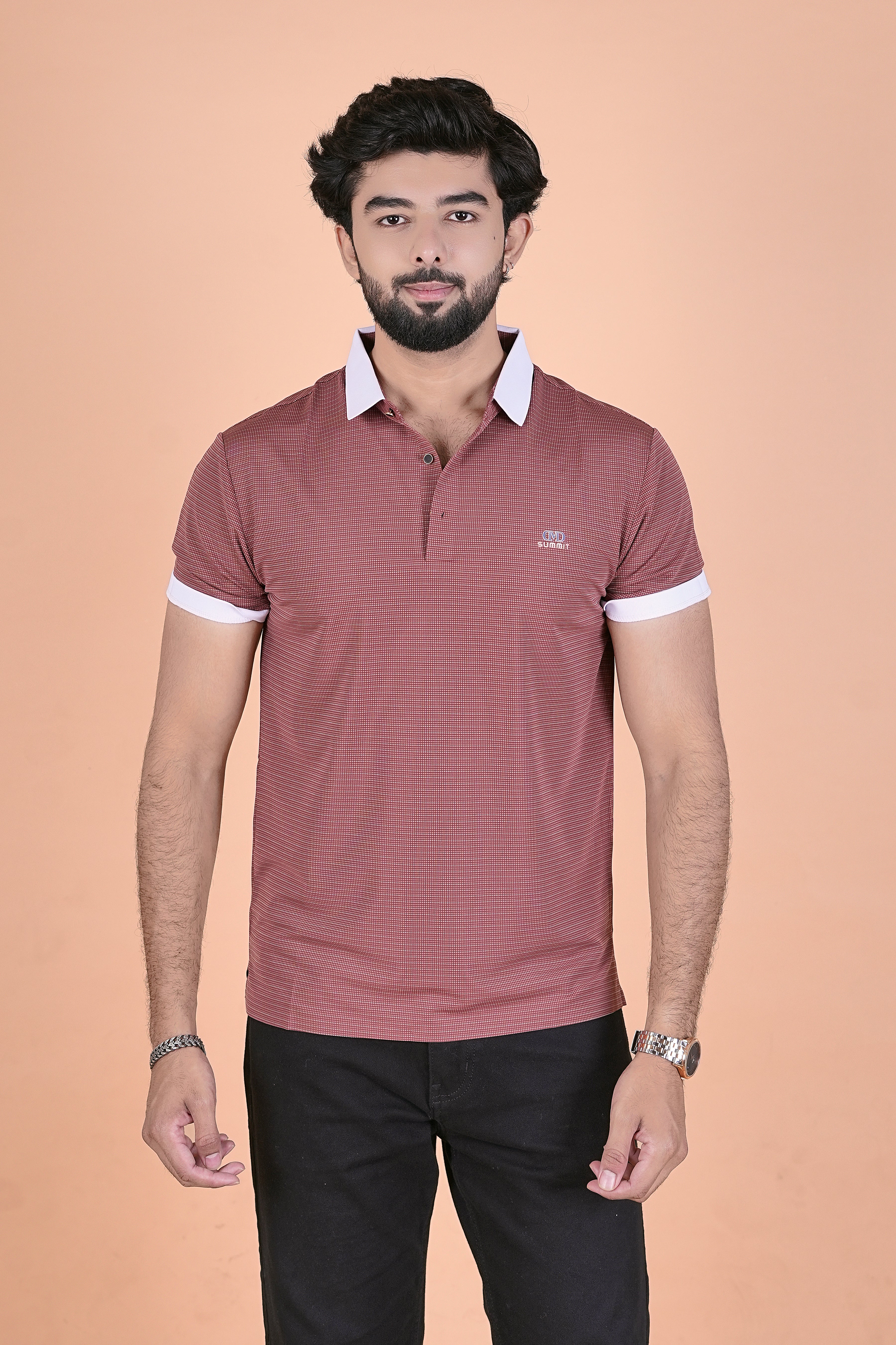 Men’s Elite Textured Crimson Polo – Premium 4-Way Stretch