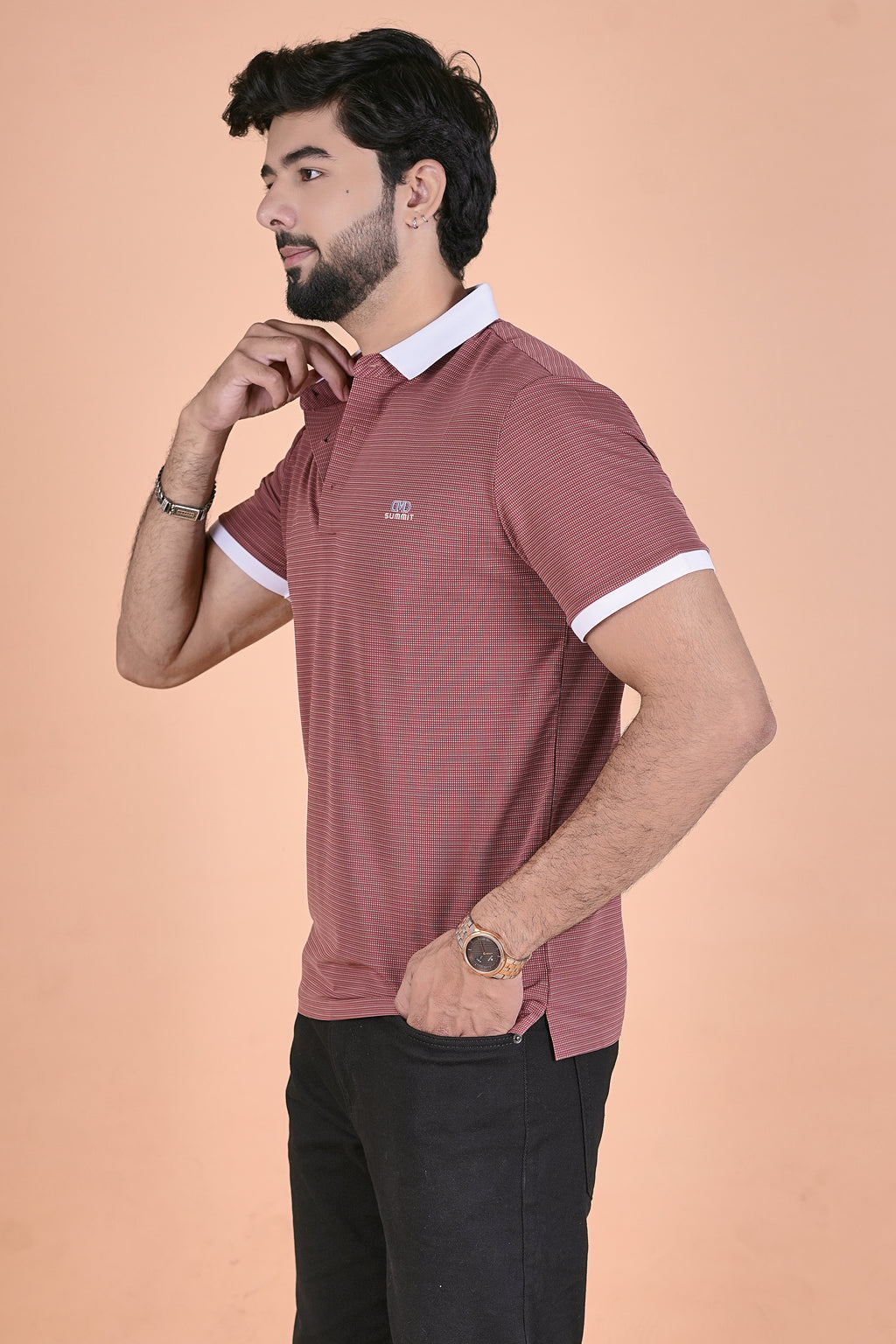 Men’s Elite Textured Crimson Polo – Premium 4-Way Stretch
