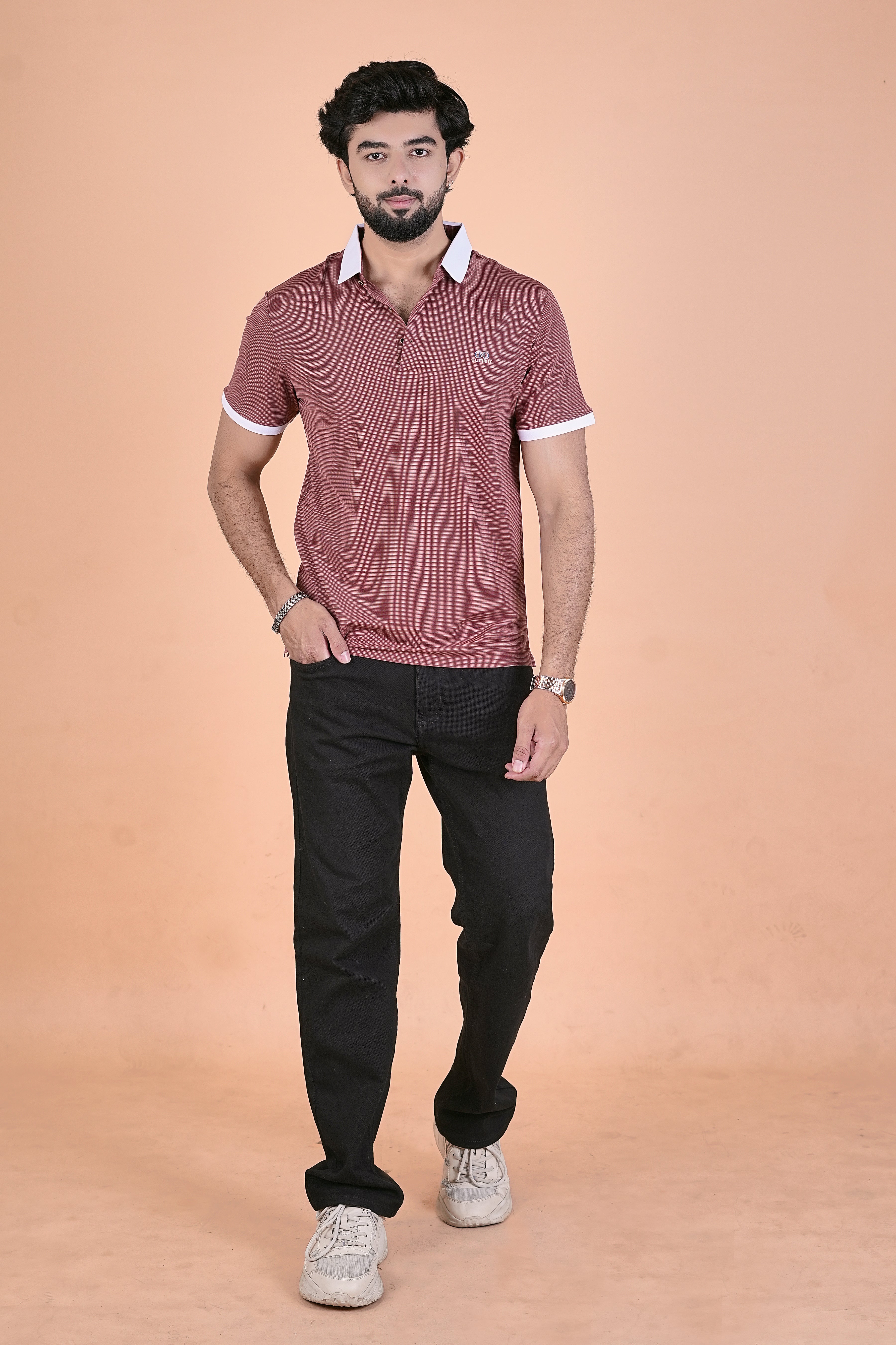 Men’s Elite Textured Crimson Polo – Premium 4-Way Stretch