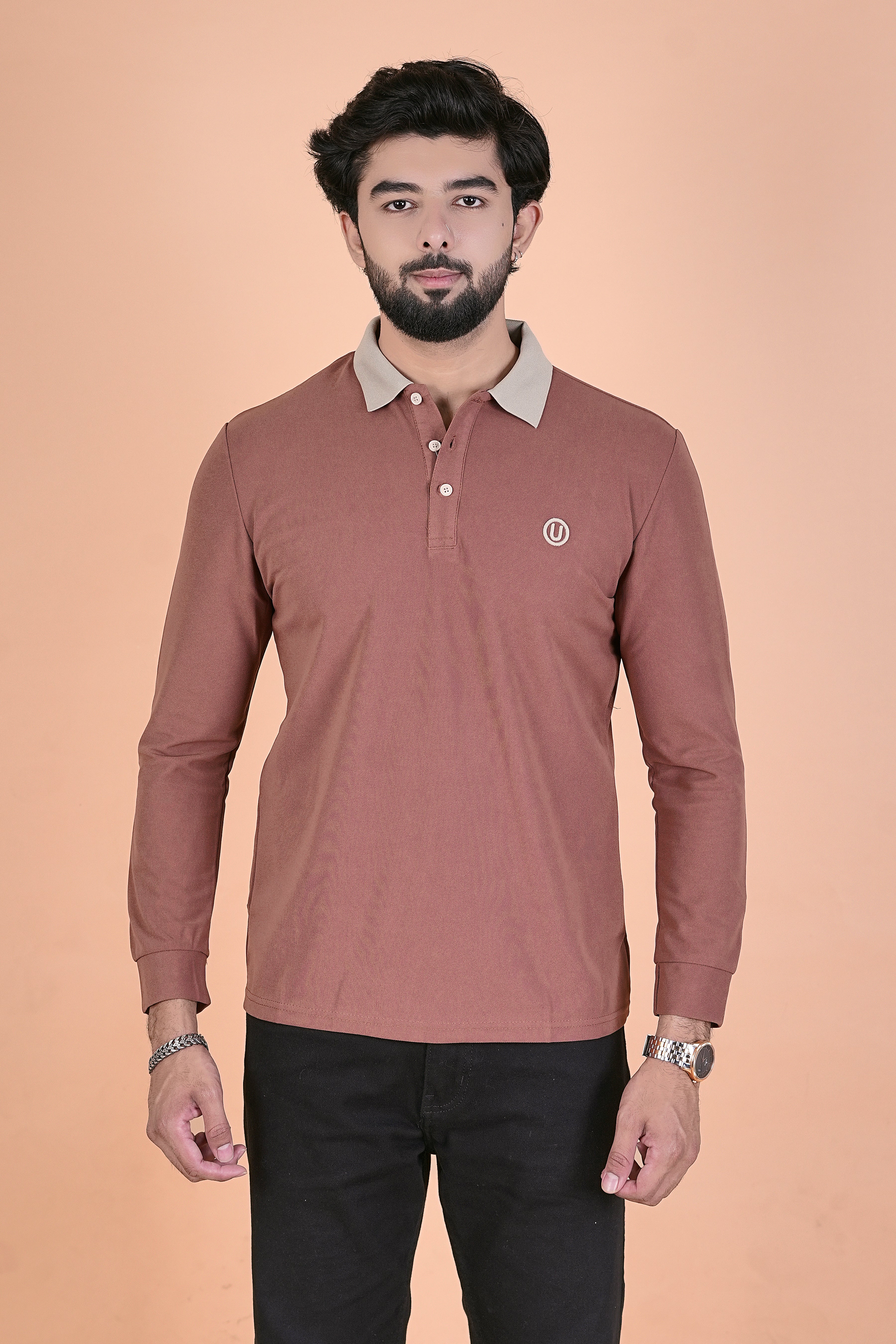 Men’s Elite Full-Sleeve Burnt Orange Polo – Premium Breathable